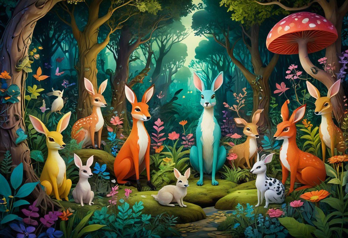 A whimsical yet provocative scene featuring a diverse group of characters exploring a fantasy forest, engaging with creatively designed anthropomorphic animals in a playful manner. The characters express curiosity and excitement, surrounded by vibrant flora and subtle symbols of adult themes, hinting at the hidden allure of beastology. The overall atmosphere should be enchanting and slightly mischievous, capturing the essence of exploration beyond societal taboos. vibrant colors. surrealism.