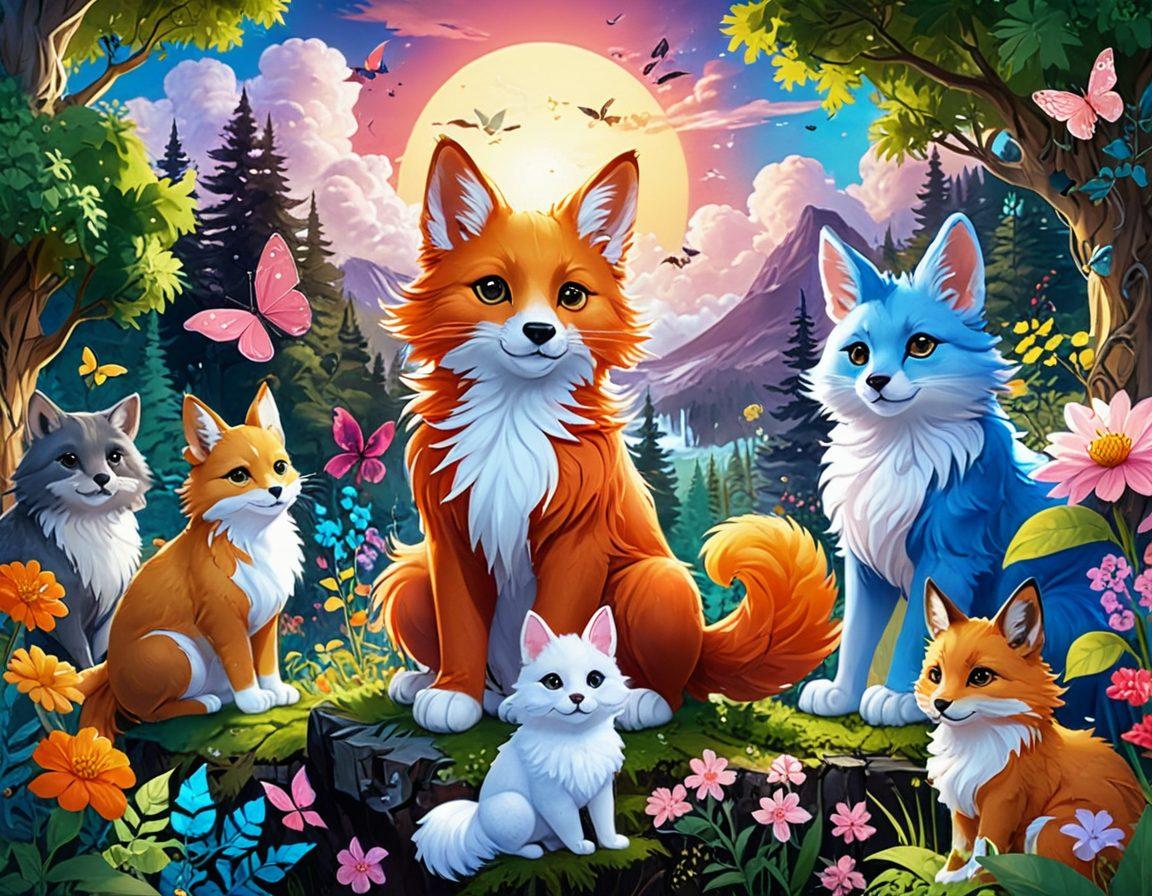 An artistic collage featuring whimsical furry characters from hentai and manga, displayed in vibrant colors. The backdrop should include a fantasy landscape, blending magical elements like enchanted forests and playful clouds. Incorporate both cute and adventurous themes, showcasing various animal-human hybrids in dynamic poses. The overall mood should be playful and imaginative, inviting viewers to explore the whimsical world of furry fantasies. digital painting. vibrant colors. enchanting background.