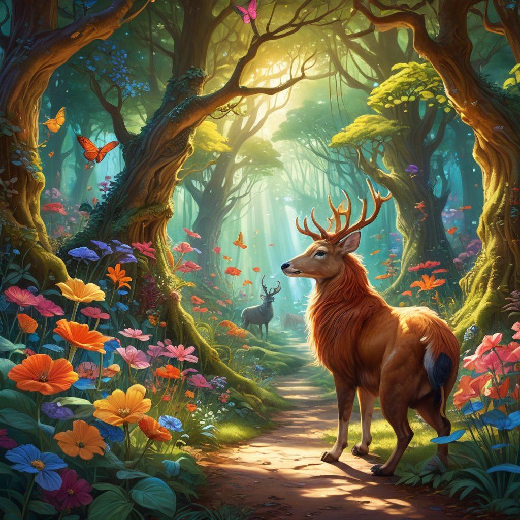 A captivating scene of vibrant adult animation, featuring stylized anthropomorphic animals with expressive features engaged in a whimsical adventure. The background showcases an enchanted forest filled with fantastical flora and fauna, emphasizing the allure and fantasy within the narrative. Sunlight filters through the leaves, creating a magical atmosphere. Both characters and setting should be artistic and imaginative, appealing to a mature audience. colorful illustration. vibrant colors. fantasy art.